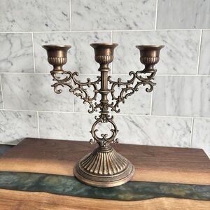 Vintage Ornate Brass Scroll 3 Arm Candelabra